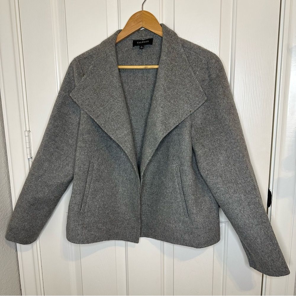Talbots Wool Blend Grey Knit Open Front Jacket L Quiet Luxury Office Corporate
